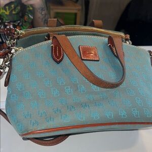 Dooney & Bourke Teal Monogram Satchel with Brown Leather Trim